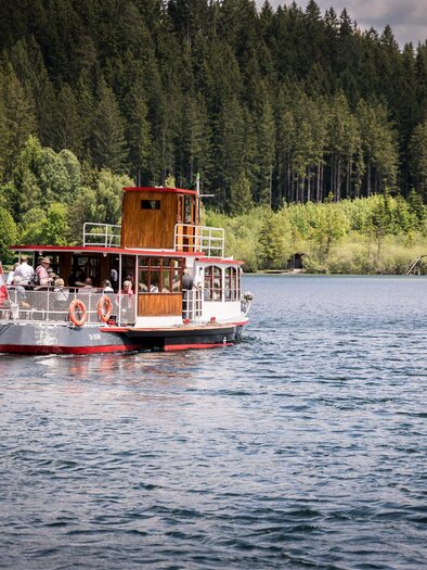 Ein Boot fährt über einen ruhigen See, umgeben von üppigen, grünen Wäldern. Am Ufer sind Bäume und eine kleine Hütte zu sehen. | © TV Hochsteiermark