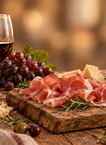 Symbolbild Herzhafte Jause mit Schinken und Wein | © ChatGPT Image_Astrid Lackner