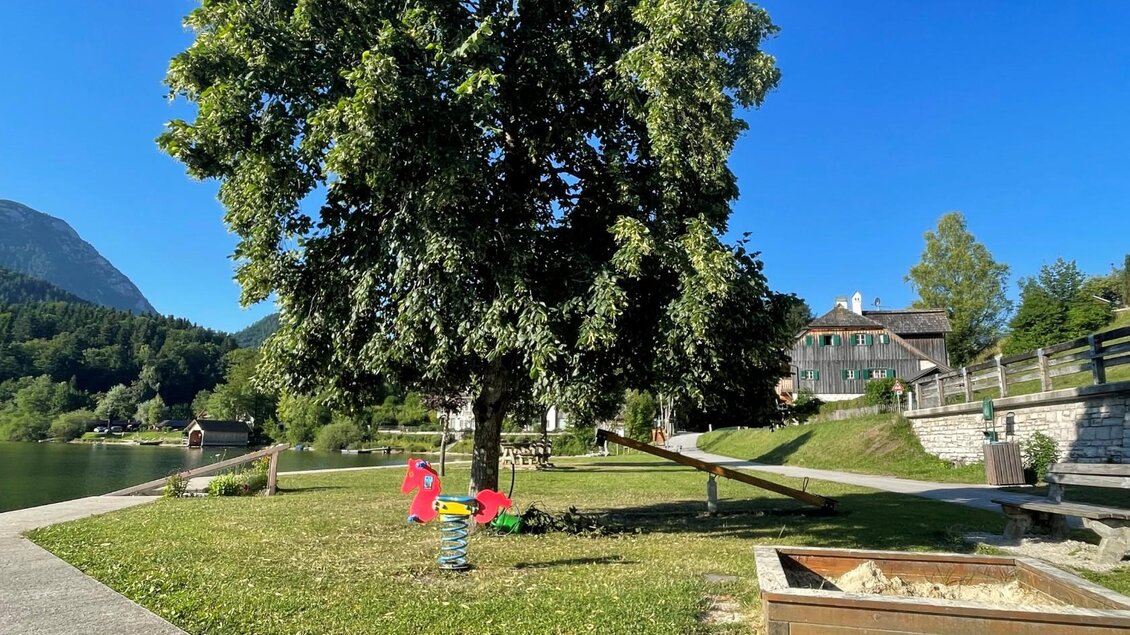 <p>Ein großer Baum spendet Schatten neben dem kleinen Spielplatz beim Badeplatz Holzplatz/Seeklause. Im Hintergrund kann das Ufer vom Grundlsee gesehen werden.</p> | © Tourismusverband Ausseerland