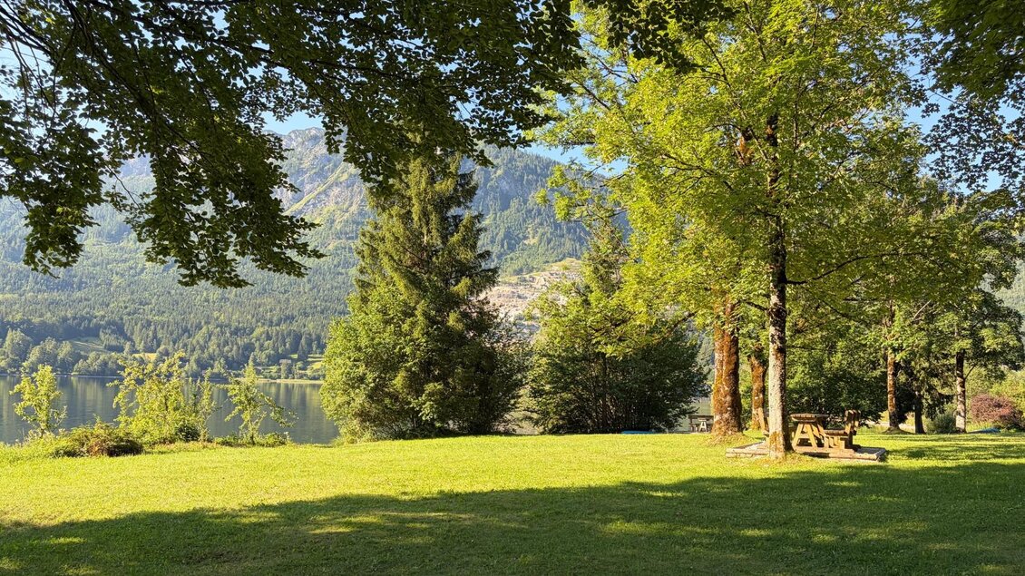 <p>Eine ruhige Wiese am Uferdes Grundlsees, umgeben von Bäumen und den majestätischen Bergen des Toten Gebirges im Hintergrund. Auf der Wiese gibt es auch Bänke mit einem großen Tisch zum Verweilen.</p> | © Tourismusverband Ausseerland