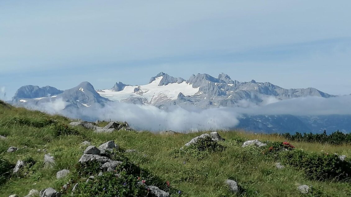 Eine beeindruckende Berglandschaft mit dem schneebedeckten Dachstein im Vordergrund. Sanfte Wiesen und Wolken ergänzen die malerische Szenerie. | © Andreas Moser
