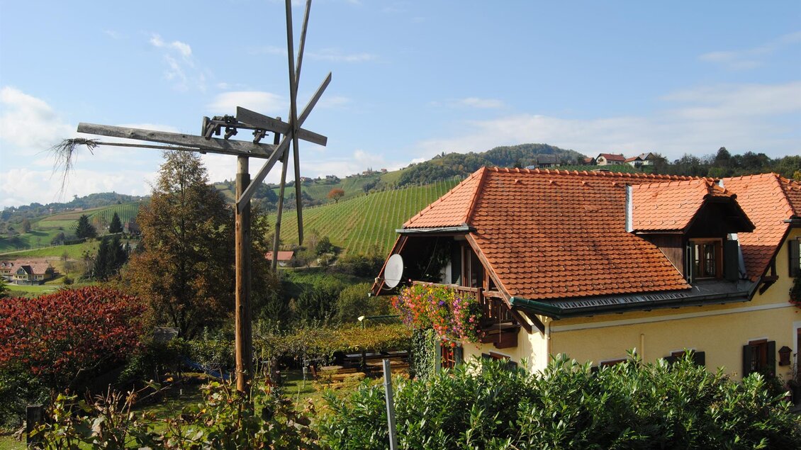 Ein malerisches Haus mit rotem Dach, umgeben von Weinbergen und Bäumen. Der Himmel ist klar und blau, was die ländliche Idylle unterstreicht. | © www.michilorenz.at
