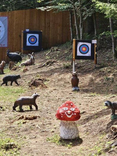 Eine Bogenschießanlage im Wald mit Zielscheiben und Tierfiguren. Im Hintergrund ist das Logo des BSV Kapfenberg sichtbar.