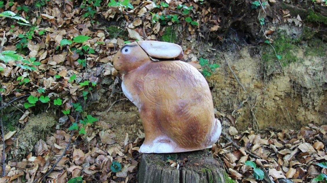 Ein hölzerner Hase, der auf einem Baumstumpf sitzt. Die Umgebung besteht aus vielen blätternden Pflanzen und Erde. | © Ulrike Elsnegg