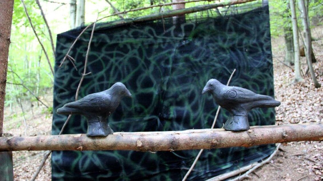 Zwei schwarze Vogelskulpturen sitzen auf einem Baumstamm im Wald. Im Hintergrund ist ein schwarzes Tuch mit einem abstrakten Muster sichtbar. | © Ulrike Elsnegg