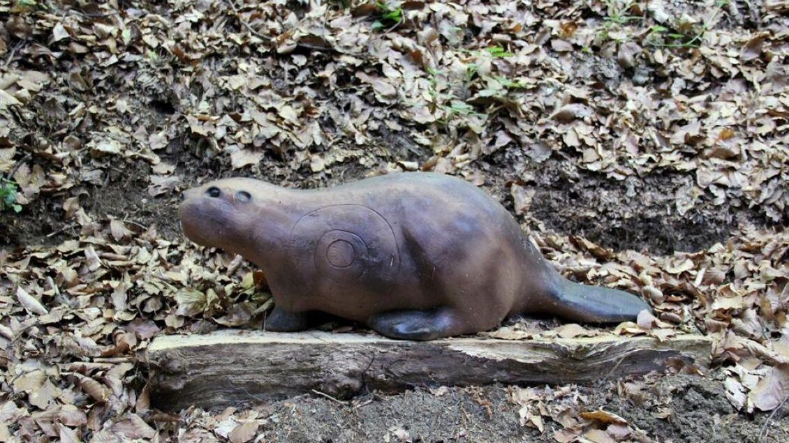 Eine Skulptur eines Tiers, das an einen Otter erinnert, liegt auf einem Holzstamm. Im Hintergrund sind braune Blätter und Erde zu sehen. | © Ulrike Elsnegg