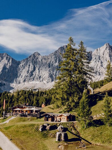 A picturesque Alpine landscape with high mountains in the background. In the foreground, traditional wooden houses can be seen, surrounded by green grass and trees. | © Christine Höflehner