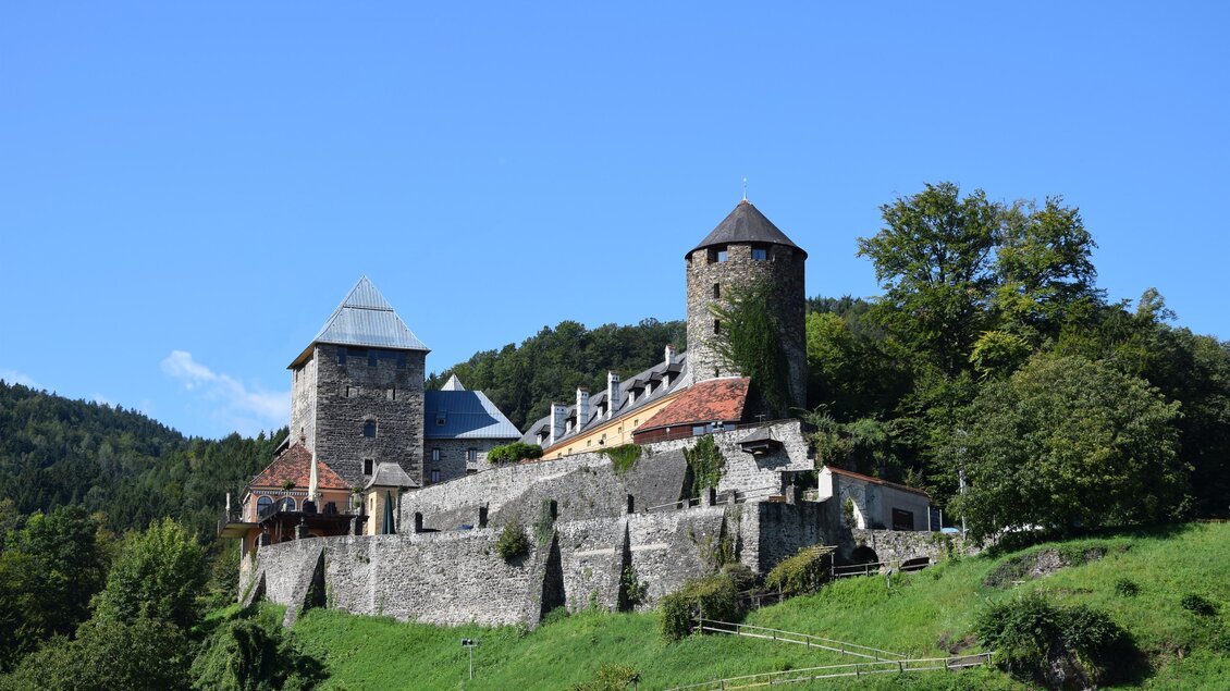 Eine malerische Burg auf einem Hügel, umgeben von grünen Wäldern. Der klare blaue Himmel ergänzt die beeindruckende Szenerie. | © Elke Kleindienst