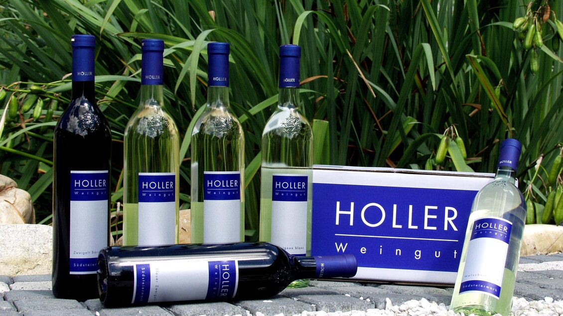 Sechs Flaschen Wein der Marke "Holler" stehen auf einem Steinboden. Dazu gibt es eine stilisierte Verpackung in Blau und Weiß. | © Weingut Holler