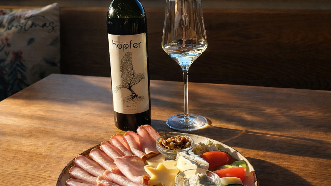 Ein gedeckter Tisch mit einer Auswahl an Wurst, Käse, Gemüse und Dips auf einem Teller. Dazu ein Glas Wein und eine Flasche Wein auf einem Holzuntergrund.