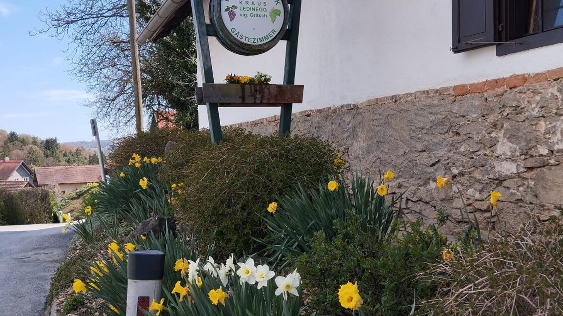 Ein Wegweiser steht vor einem Haus, umgeben von bunten Narzissen. Die Landschaft ist grün und die Stimmung fröhlich im Frühling. | © Kraus-Ledinegg