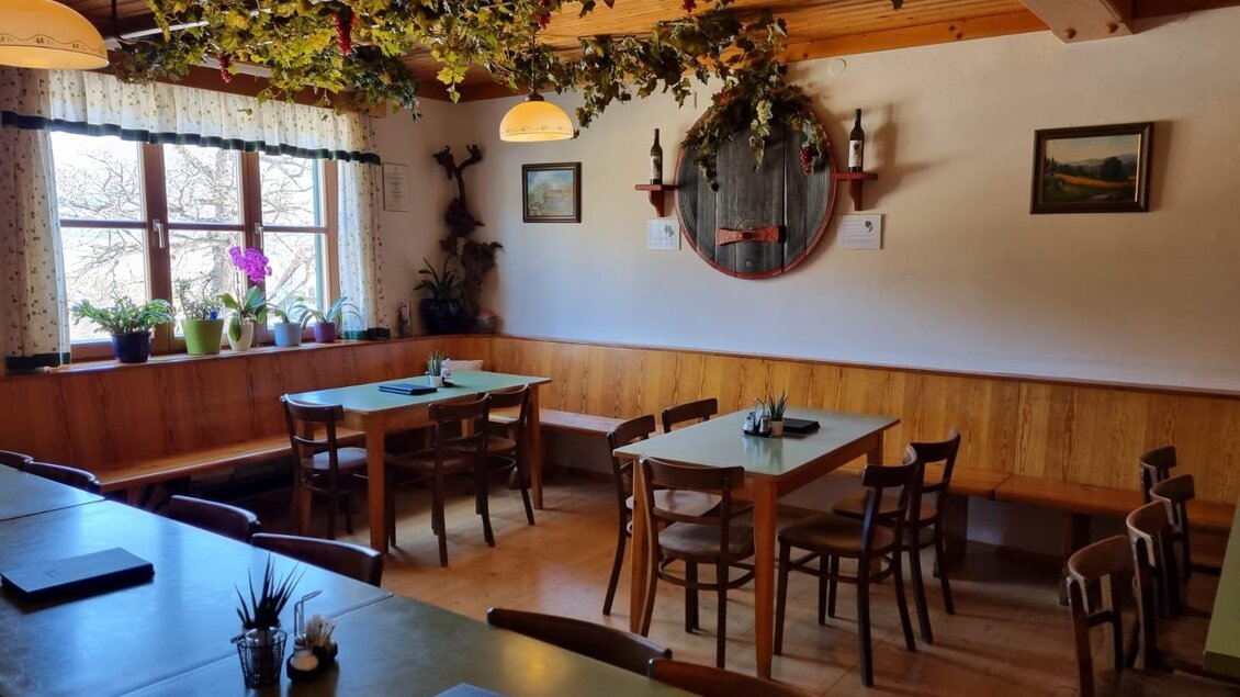 Ein gemütliches Restaurant mit Holzmöbeln und Pflanzen an der Decke. Die Fenster bieten viel Licht und einen einladenden Blick auf die Inneneinrichtung. | © Schweighofer