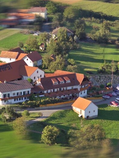 <p>Ein schönes ländliches Anwesen mit mehreren Gebäuden und roten Dächern. Umgeben von grünen Wiesen und Feldern. Buschenschank Papst in Bad Loipersdorf.</p> | © Buschenschank Papst