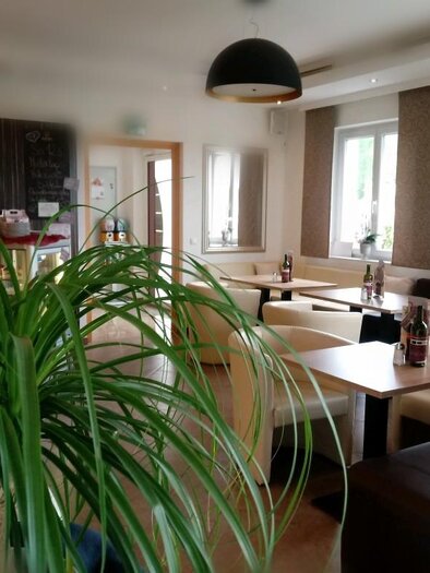 Ein gemütliches Café mit modernen Tischen und Stühlen. Große Fenster lassen viel Licht herein und eine Pflanze sorgt für einen frischen Akzent. | © Cafe Idylle