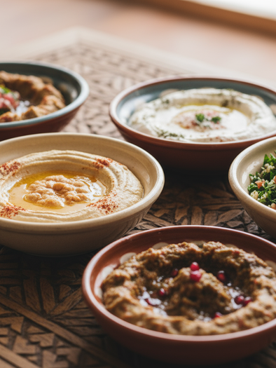 Verschiedene orientalische Vorspeisen wie Hummus, Baba Ghanoush und Taboulé in Schalen auf Holztisch angerichtet | © Firefly - Benedikt Trummer