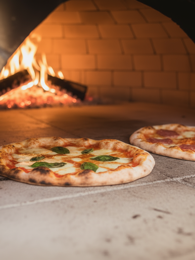 Zwei Pizzen backen in einem Holzofen mit offenem Feuer auf der Steinfläche. | © Firefly