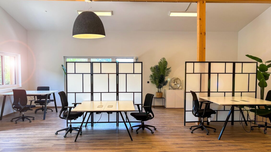 Ein modernes Büro mit Holzböden und großen Fenstern. Es gibt mehrere Tische, schwarzes Büromobiliar und Pflanzen in der Umgebung. | © Coworking Space