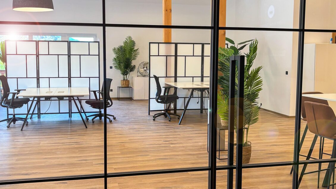 Ein modernes Büro mit Holzboden und großen Fenstern. In der Mitte stehen Tische und Stühle, umgeben von Pflanzen. | © Coworking Space