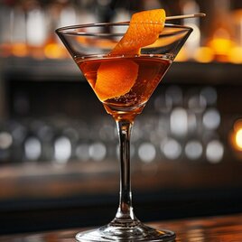 Cocktail im Martiniglas mit Orangenzeste auf Bartresen serviert. | © Midjourney_Sarah Herzog