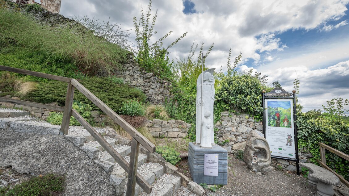 Aufgang am Sagenberg in Voitsberg mit Steinstufen, Geländer und Informationstafeln entlang des Weges | © TV Region Graz - Die Abbilderei