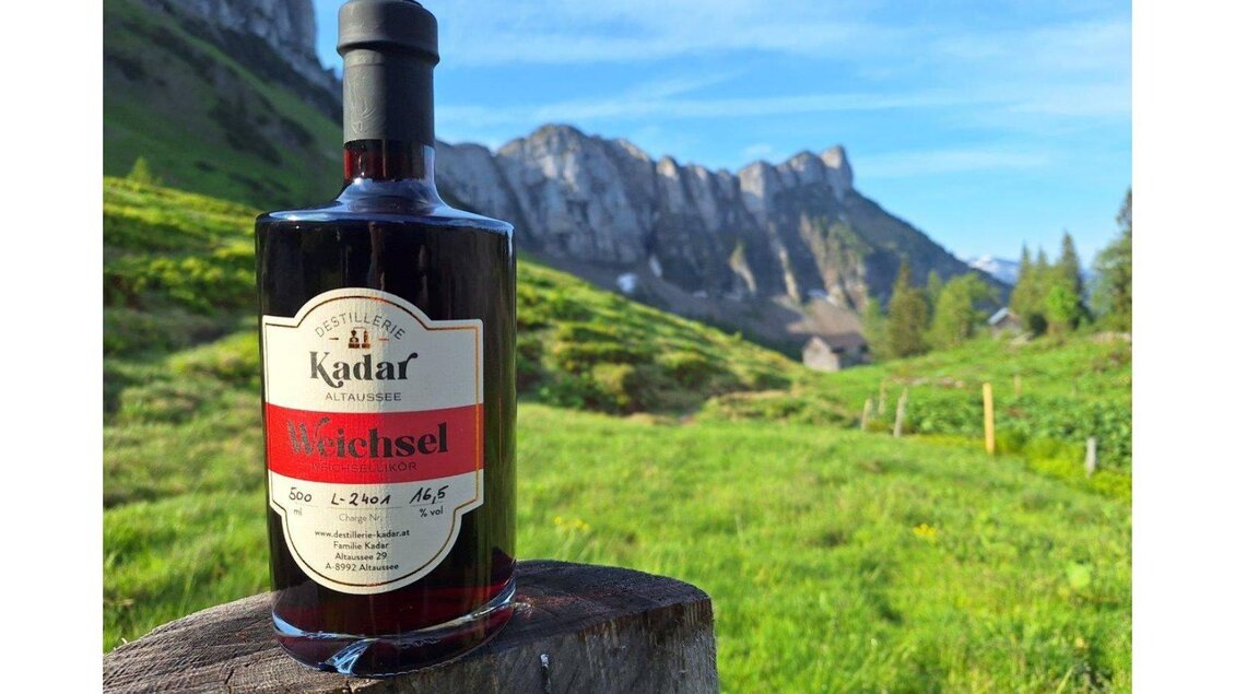 Eine Flasche Gletscher-Schnaps steht auf einem Holzstamm in der grünen Berglandschaft. Im Hintergrund sind beeindruckende Berge und ein klarer blauer Himmel zu sehen. | © Ernst Kadar