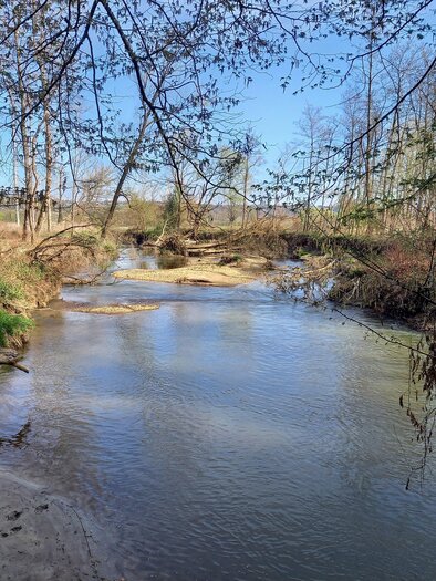 A calm river flows through a green landscape. Trees and bushes surround the water under a blue sky. | © Sonja Brünner