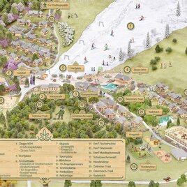 A detailed overview map of a holiday resort with various activities and accommodation options. The upper area shows snowy areas for skiing, and the lower area features green, wooded areas. | © www.zloam.at
