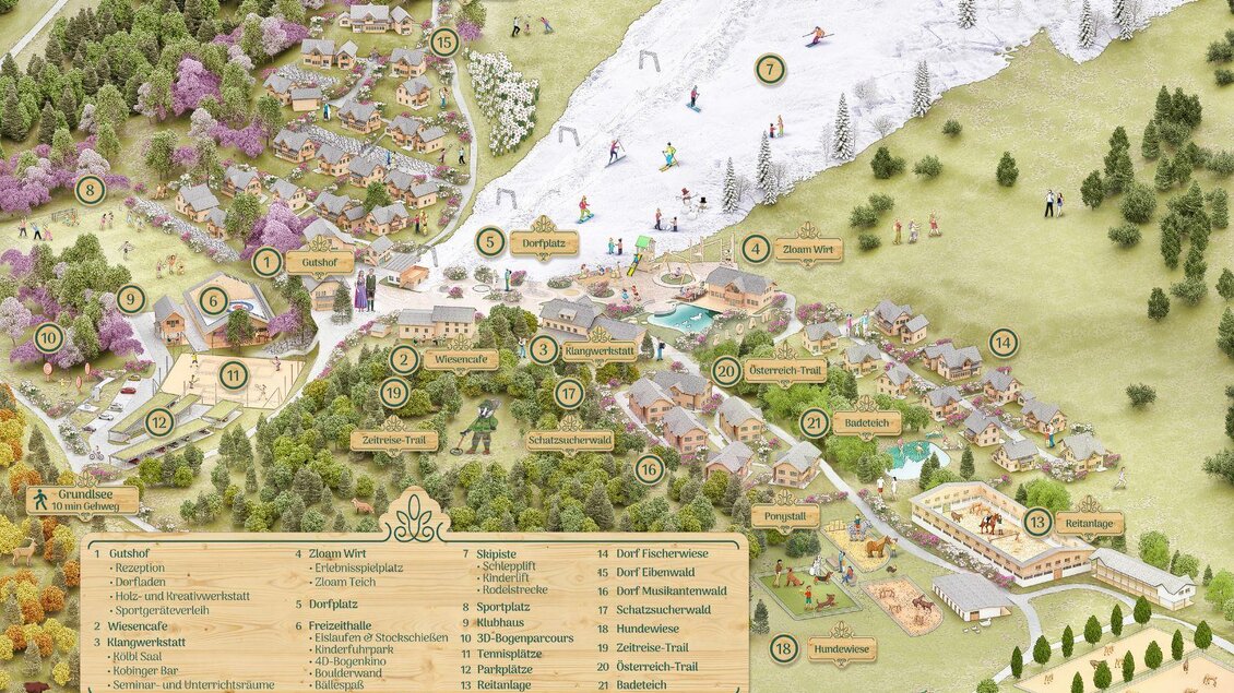 Eine detaillierte Übersichtskarte eines Ferienortes mit verschiedenen Aktivitäten und Unterkunftsmöglichkeiten. Im oberen Bereich sind Schneebereiche zum Skifahren und im unteren Bereich sind grüne, bewaldete Flächen zu sehen. | © www.zloam.at