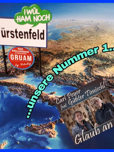 Ein Schild mit der Aufschrift "Fürstenfeld" und eine künstlerische Darstellung einer Landschaft. Darunter befinden sich die Namen "Carl Peyer feat. Günter Timischl" und der Titel "Glaub an di". | © Harald Lederer