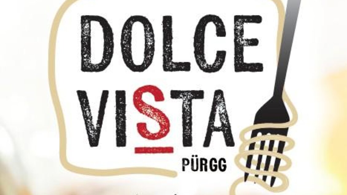 Plakat zur Neueröffnung von „Dolce Vista Pürgg“ am 1. Mai 2026 beim Naturbad in Pürgg. Italienisches Restaurant mit täglich geöffnet von 10–22 Uhr, regionalen Spezialitäten, Pasta, Kaffee und Aperitivo. Hinweis auf Freitag-Abendevents und „Italo-Night“ am 16. Mai. Hintergrund zeigt gedeckten Tisch und Pasta-Gericht. | © Dolce Vista
