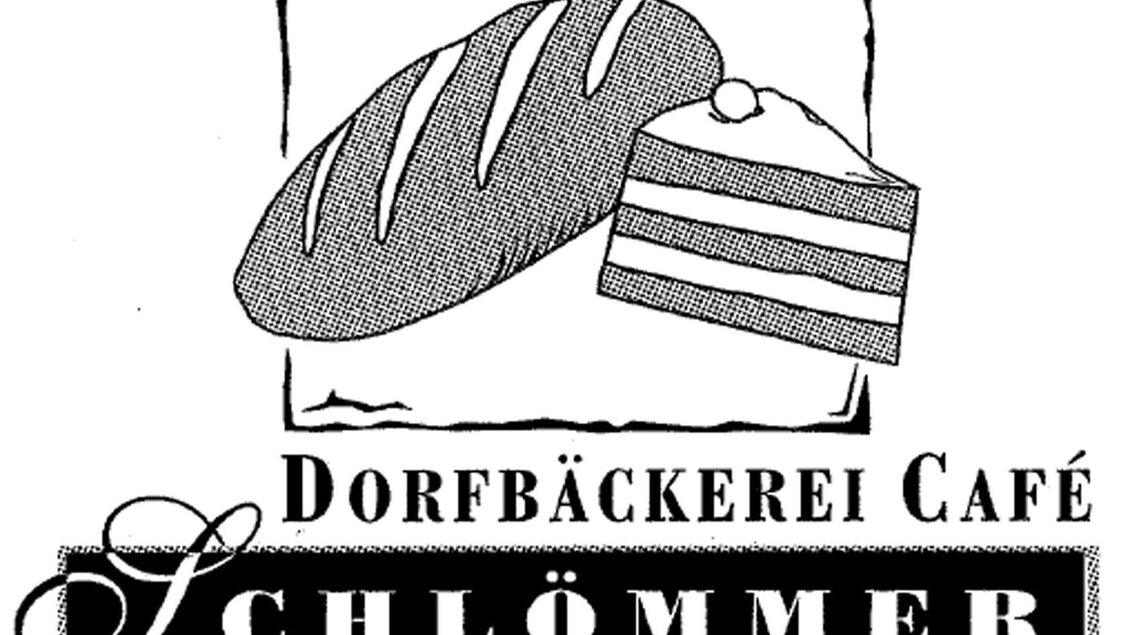 Das Logo der Dorfbäckerei Café Schlömmer. Es zeigt ein Brot und eine Stück Torte in einer schwarz-weißen Gestaltung.</p> | © Familie Schlömmer