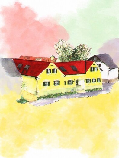 Ein gelbes Haus mit rotem Dach steht in einer malerischen Umgebung. Im Hintergrund sind blühende Bäume und sanfte Farbverläufe zu sehen. | © Johannes Heschl