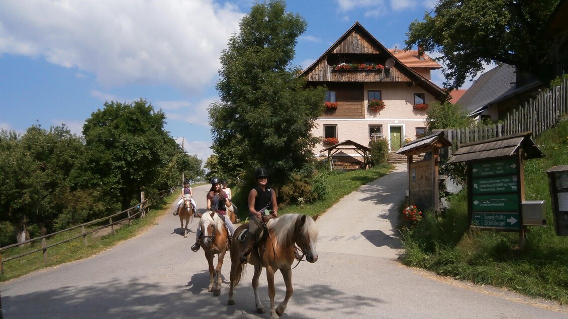 Ein malerischer Weg mit reitenden Personen und Pferden. Im Hintergrund ist ein traditionelles Haus mit grünem Umfeld zu sehen. | © Reitbauernhof Ferner