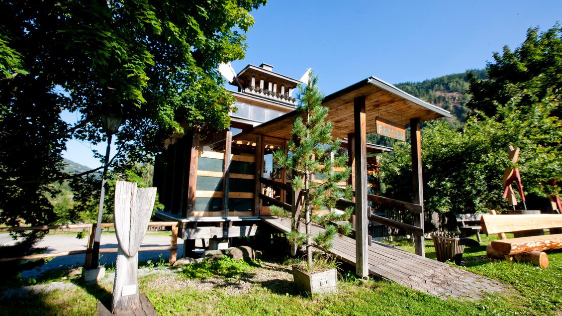 Ein charmantes, modernes Holzhaus umgeben von Bäumen und Grünflächen. Der Eingang ist durch eine Holzbrücke zugänglich. | © Holzwelt Murau
