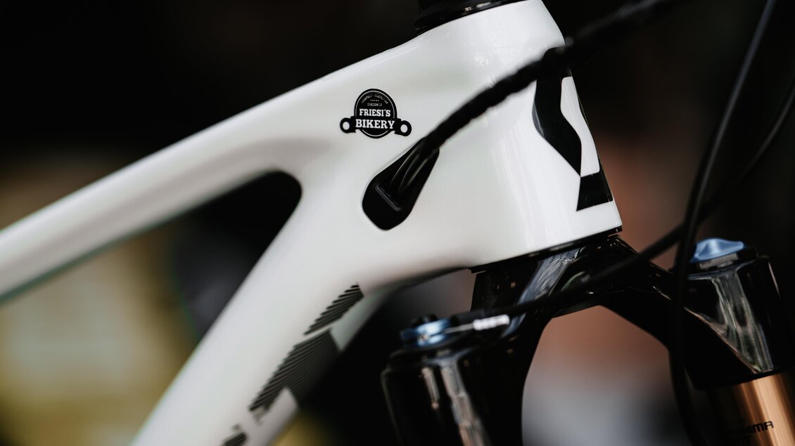 Ein naher Blick auf den Rahmen eines weißen Fahrrads. Der Teil zeigt das Logo und die Gabel. | © Tourismusverband Oststeiermark