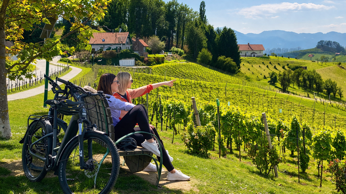Zwei Frauen sitzen auf einer Bank und schauen auf die Weinberge. Im Hintergrund sind sanfte Hügel und ein schöner blauer Himmel zu sehen. | © Ratscher Landhaus