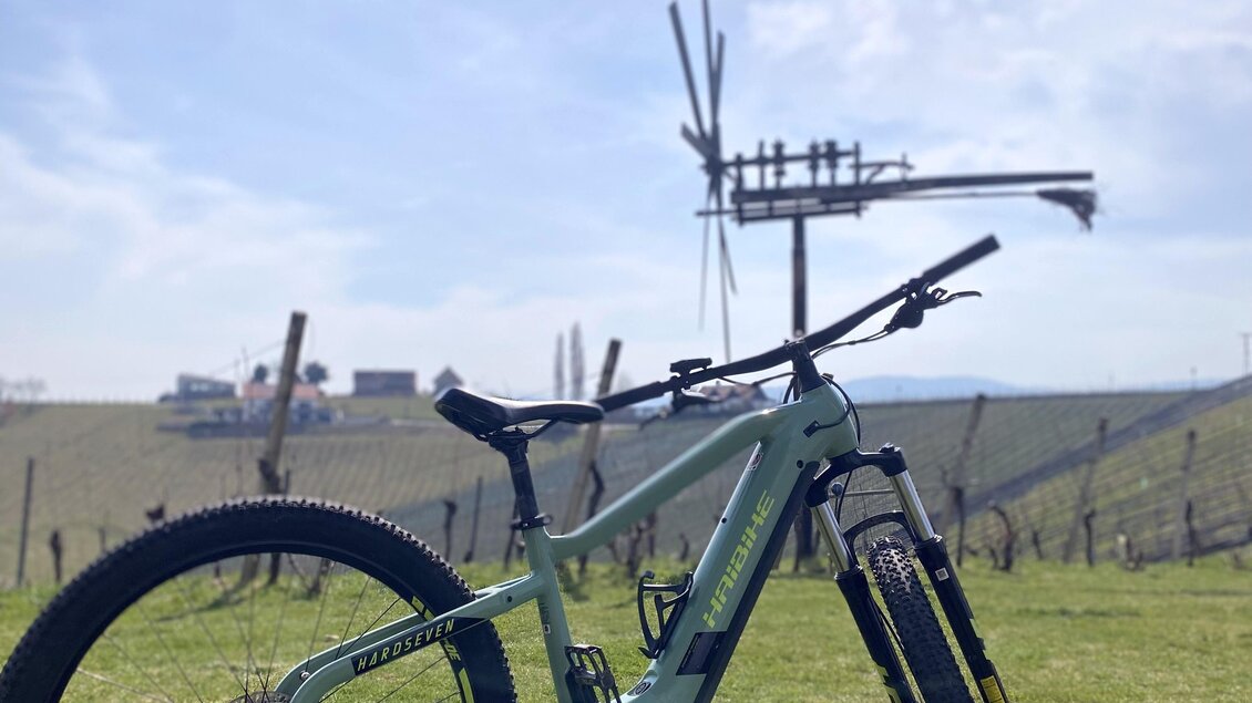 Ein Mountainbike steht auf einer grünen Wiese. Im Hintergrund sind Weinreben und ein Klapotetz zu sehen. | © Ratscher Landhaus