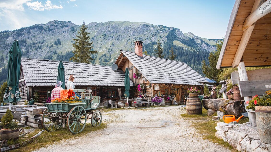 Eine malerische Berghütte mit rustikalen Gebäuden und bunten Blumen. Im Hintergrund erheben sich majestätische Berge unter einem klaren Himmel. | © TV Gesäuse