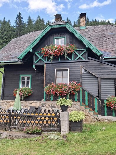 A cozy wooden house with colorful flower boxes and a well-maintained garden. Surrounded by green meadows and trees, it radiates rural charm. | © Johanna Elsner