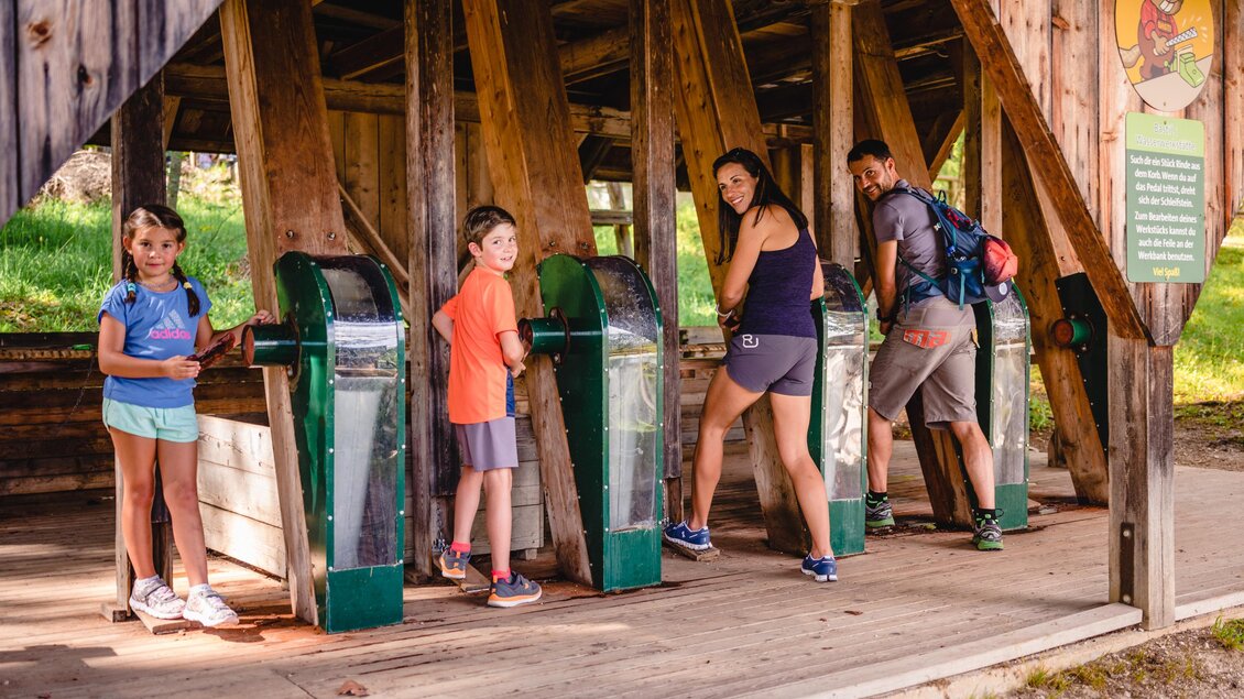 Eine Familie steht an Zutrittsturnstilen in einem Park. Im Hintergrund sind Bäume und eine grüne Wiese sichtbar. | © TV Hochsteiermark