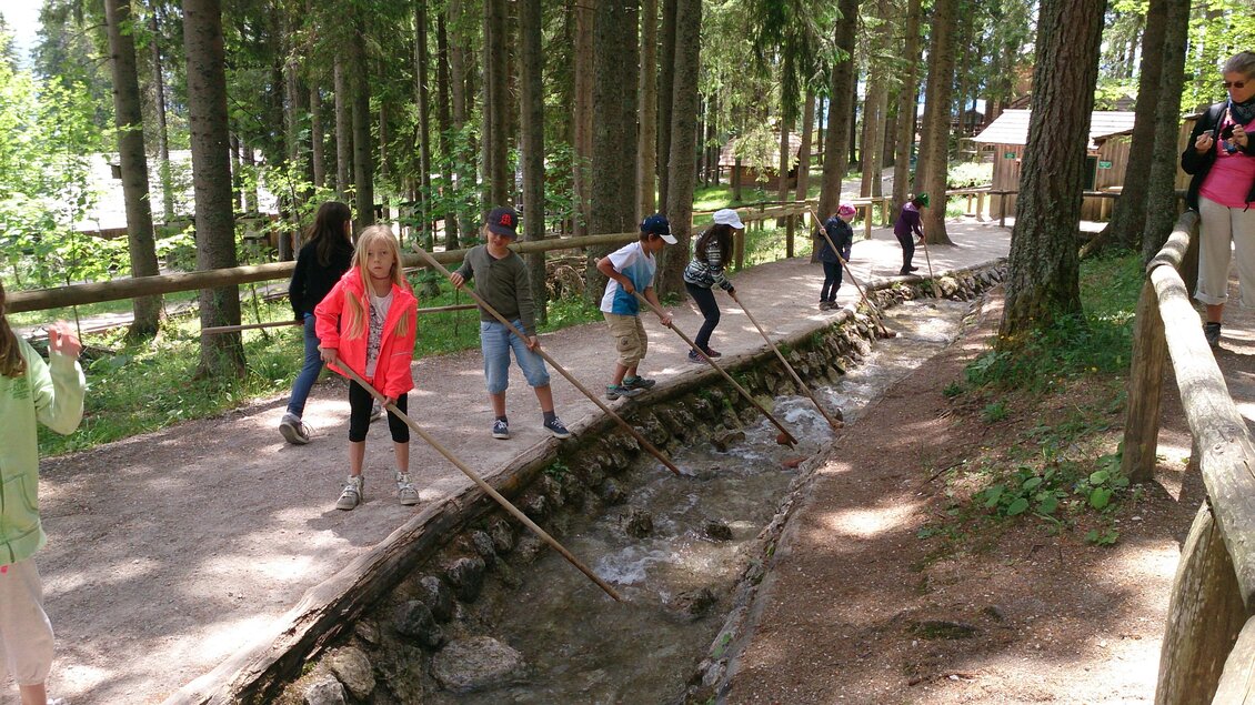 Eine Gruppe von Menschen wandert entlang eines Waldweges. Einige Kinder spielen mit Stöcken am Rand eines kleinen Baches. | © TV Hochsteiermark