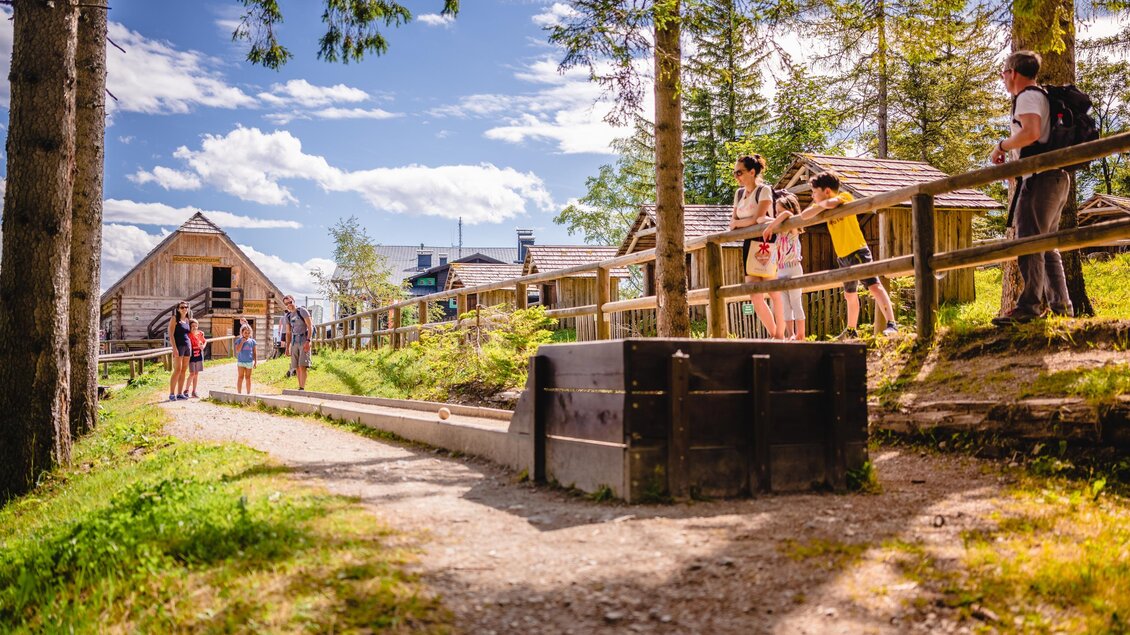 Ein malerischer Waldweg mit einer gemütlichen Holzunterkunft im Hintergrund. Einige Besucher genießen die Natur unter einem klaren blauen Himmel. | © TV Hochsteiermark