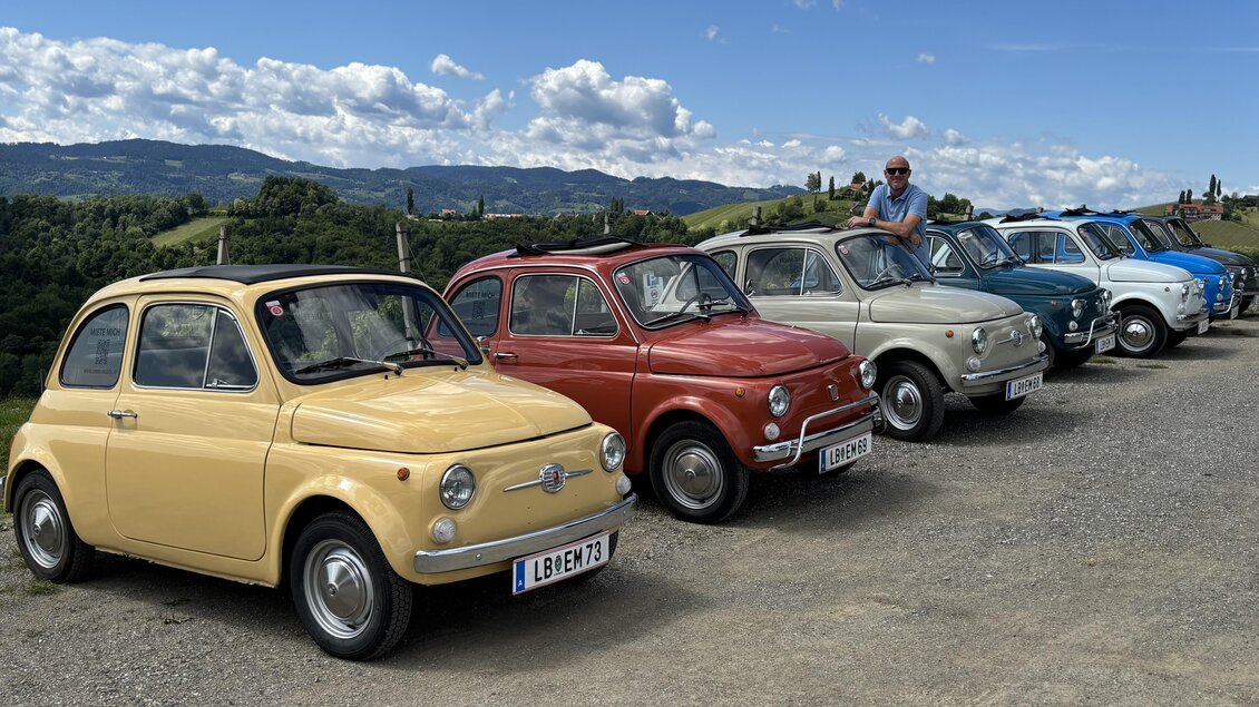 Eine Reihe von bunten Oldtimern steht auf einer malerischen Landschaft. Im Hintergrund sind grüne Hügel und ein blauer Himmel mit weißen Wolken zu sehen.