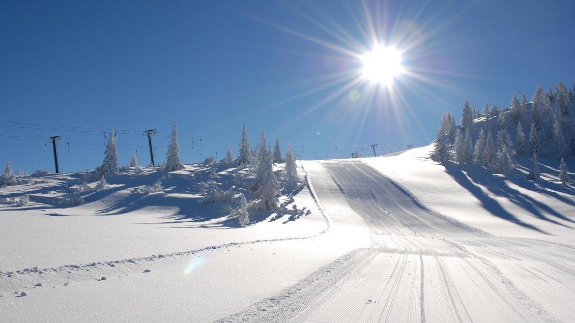 Eine schneebedeckte Landschaft mit einem klaren blauen Himmel. Die Sonne strahlt hell über die Skipiste und die umgebenden Bäume. | © Reiteralm Bergbahnen