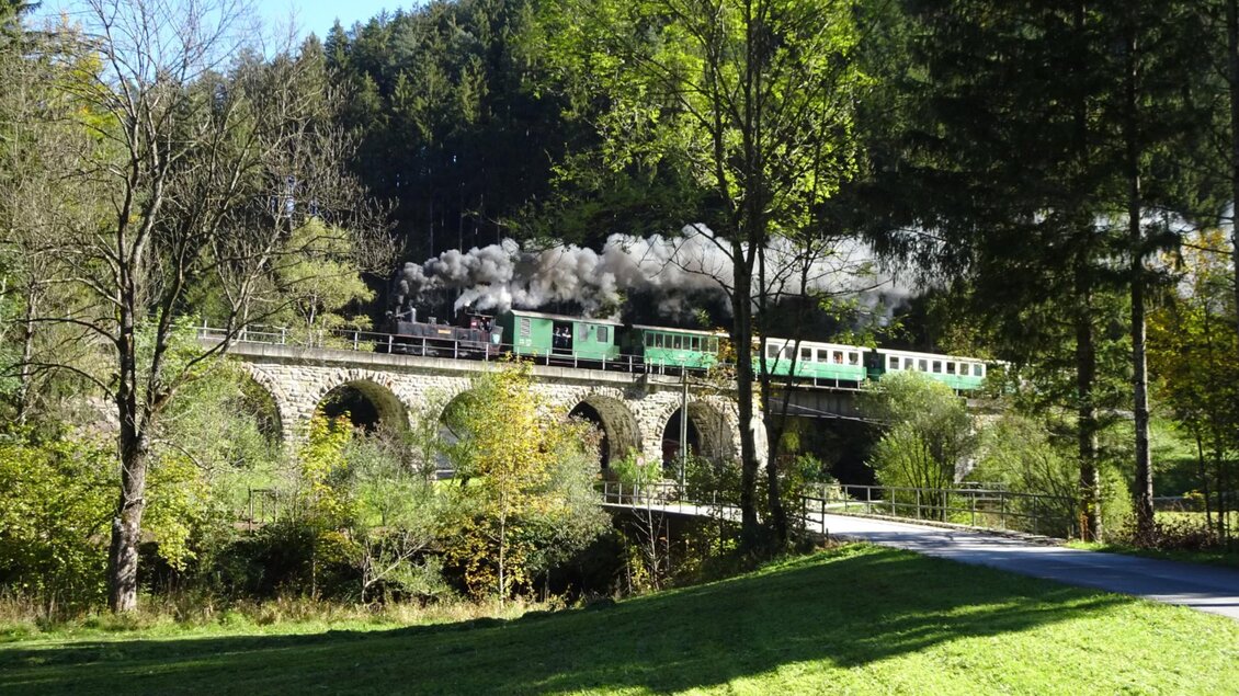 Die Feistritztalbahn fährt über ein Viadukt und stößt Dampf aus. | © Feistritztalbahn