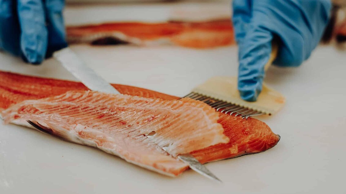 Eine Person schneidet frischen Fisch mit einem Messer. Die Hände sind mit blauen Handschuhen geschützt. | © Forellenzucht Igler