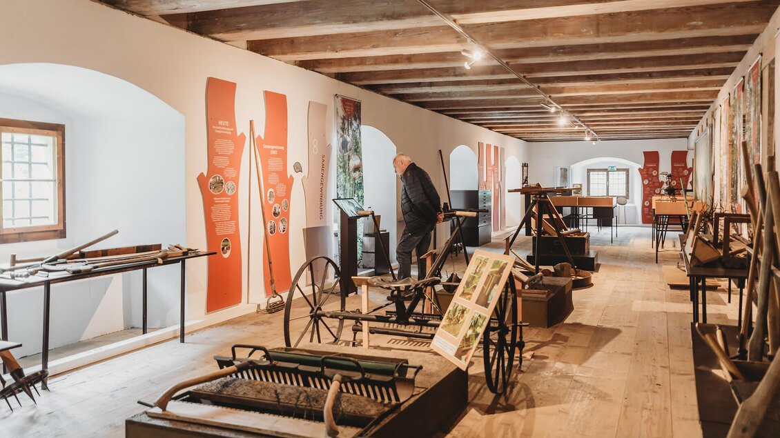 Ein Museum mit historischem landwirtschaftlichem Gerät und Werkzeugen. Die Ausstellungsfläche ist gut beleuchtet und zeigt verschiedene Objekte auf einem Holzboden.