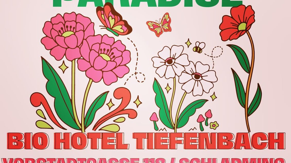 Ein bunten Plakat mit dem Text "POP UP BREAKFAST PARADISE" und einer Darstellung von Blumen. Das Plakat bewirbt ein Frühstücksbuffet im Bio Hotel Tiefenbach in Schladming.