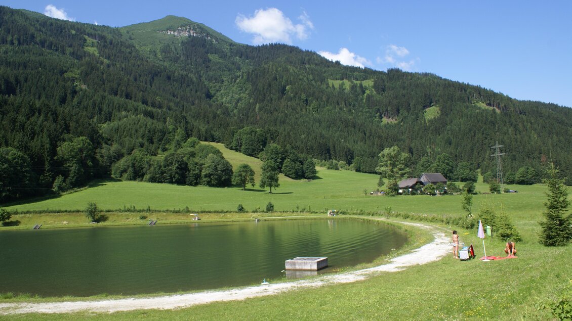 Ein ruhiger Weiher umgeben von grünen Wiesen und Bergen. Im Hintergrund sind einige Bäume und ein Bauernhaus zu sehen. | © Gemeinde Wald am Schoberpass