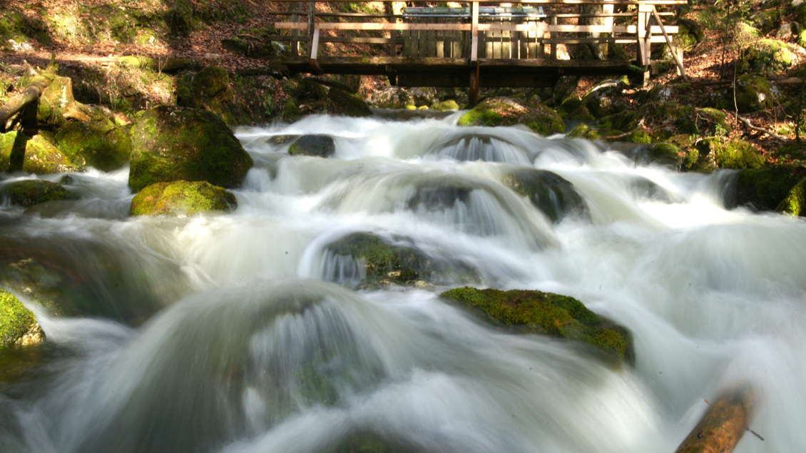Ein klarer Fluss fließt über moosbedeckte Steine. Im Hintergrund ist eine Holzbrücke zu sehen. | © Manfred Fuchs